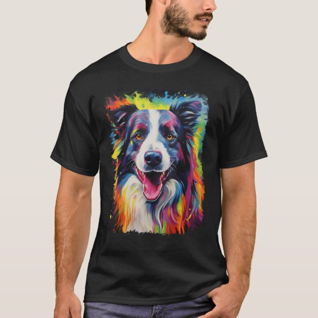 Rainbow Pop Art Dog Border Collie T-Shirt (Front)