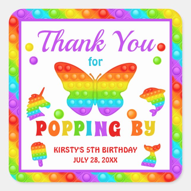 Rainbow Pop It Fidget Toy Birthday Party Square Sticker (Front)
