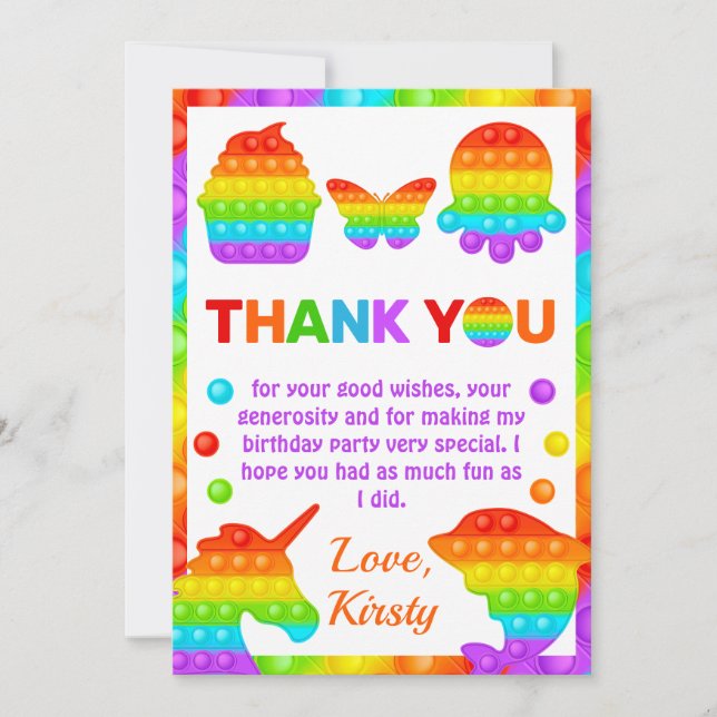 Rainbow Pop It Fidget Toy Birthday Party Thank You Card (Front)