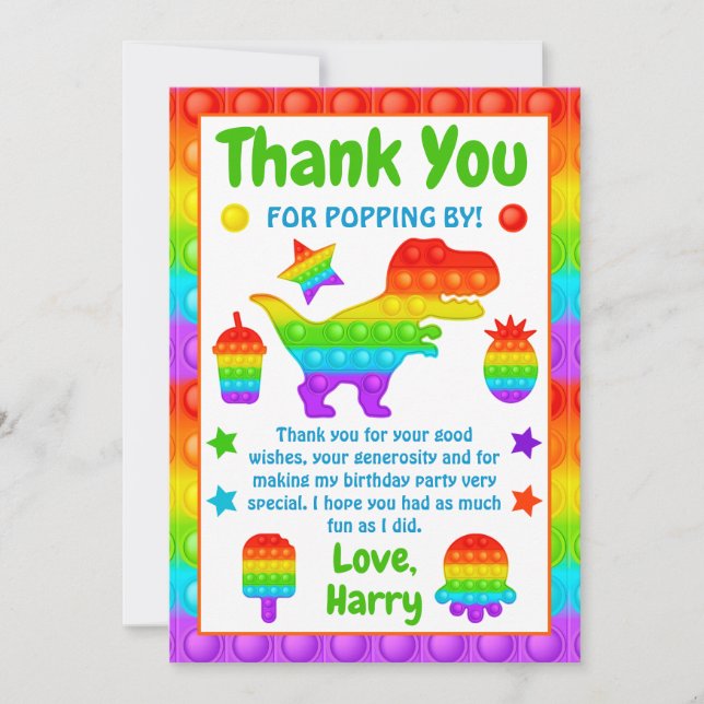 Rainbow Pop It Fidget Toy Birthday Party  Thank You Card (Front)