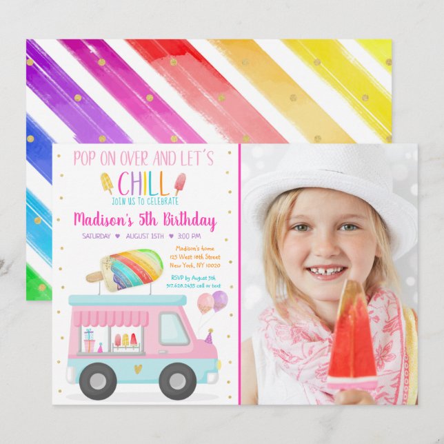 Rainbow Popsicle Ice Cream Truck Birthday Invitation (Front/Back)