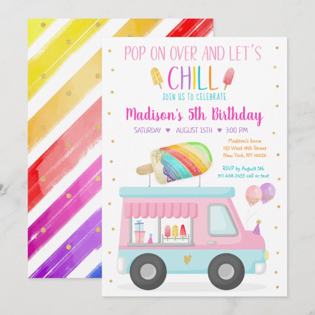 Rainbow Popsicle Ice Cream Truck Birthday Invitation (Front/Back)