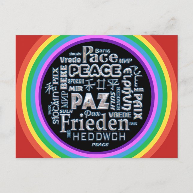 Rainbow postcard chrome peace in multi languages (Front)