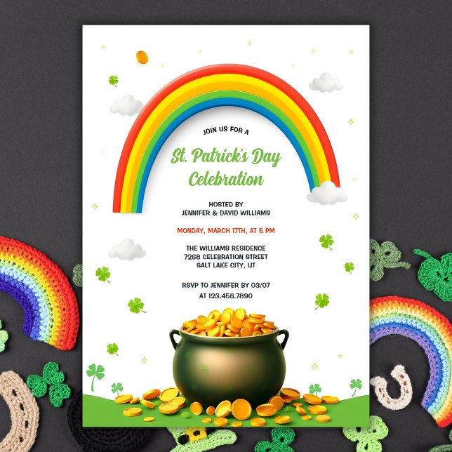 Rainbow Pot of Gold Shamrock Fun St Patricks Day Invitation (Fun St. Patrick's Day Invitation – Rainbow, Pot of Gold, and Shamrock-Themed Party Invitation)