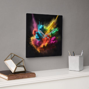 Rainbow Powder Blast On Black Square Wall Clock