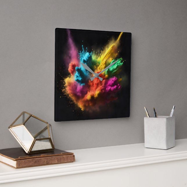 Rainbow Powder Blast On Black Square Wall Clock (Office)