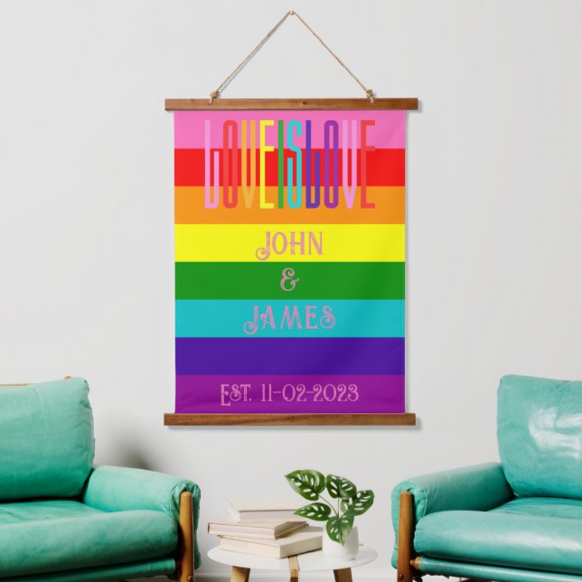 Rainbow Pride Flag Gay Wedding Couple LGBTQ Hanging Tapestry (Living Room)