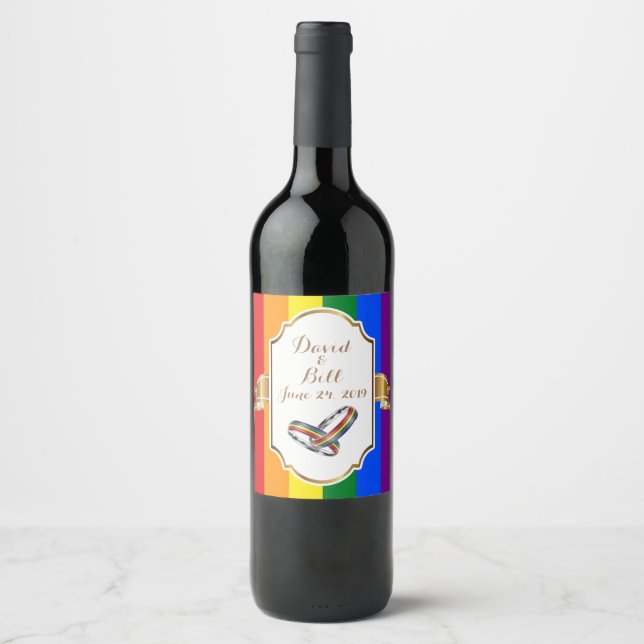 Rainbow Pride Gay Wedding Custom Wine Bottle Label (Front)