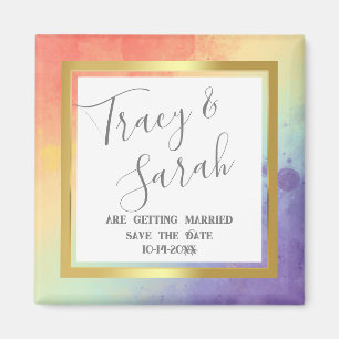 Rainbow Pride Gold Frame Wedding Save the Date  Magnet