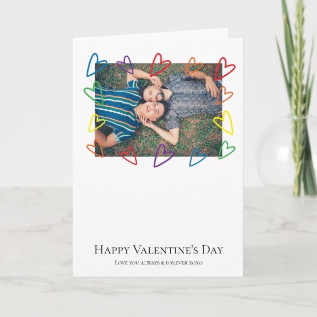 Rainbow Pride Heart Frame Photo LGBT Gay Valentine Holiday Card (Front)