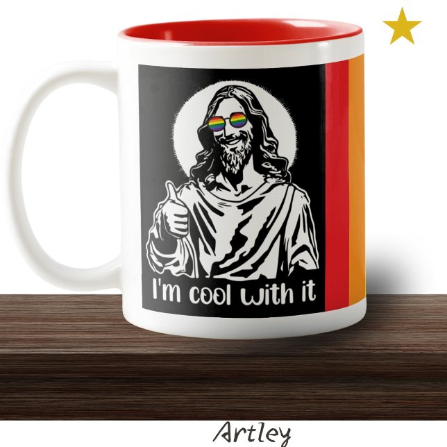 Rainbow Pride Jesus thumbs up I'm cool with it Two-Tone Coffee Mug (Creator Uploaded)