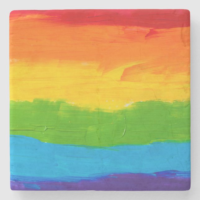 Rainbow Pride Stone Coaster – Oil Paint LGBT Gay  (Front)