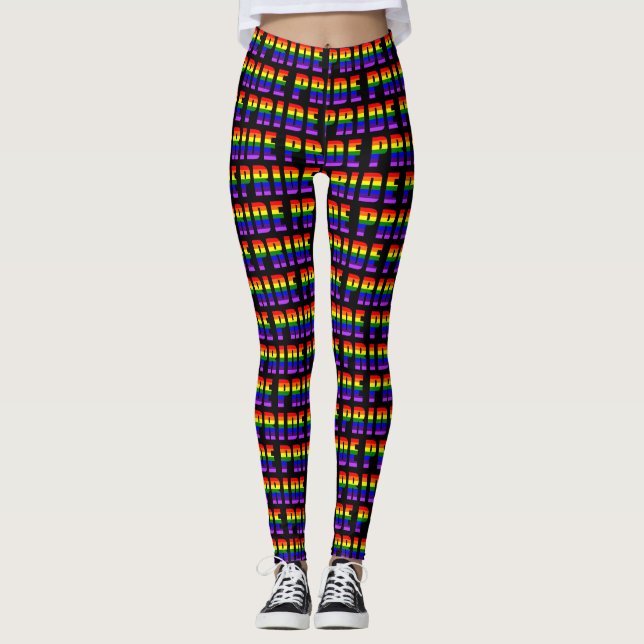 Rainbow Pride Text Art on Custom Black Colour Leggings (Front)
