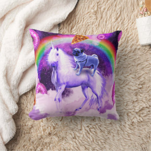 Rainbow pug in space riding a unicorn cushion