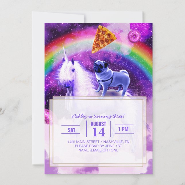 Rainbow pug in space riding a unicorn              invitation (Front)