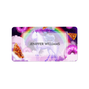 Rainbow pug in space riding a unicorn              label