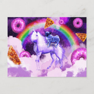 Rainbow pug in space riding a unicorn              postcard
