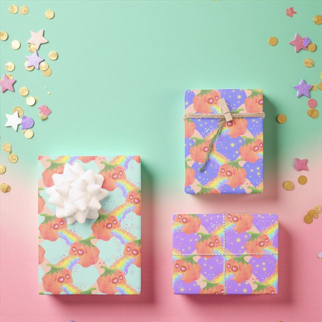 Rainbow Puking Pumpkin Halloween  Wrapping Paper Sheet (Whimsical rainbow-spewing pumpkin gift wrap in pastel and purple for quirky celebrations.)