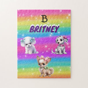 Rainbow puppies for girls with personalised name jigsaw puzzle