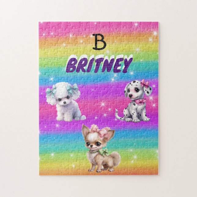 Rainbow puppies for girls with personalised name jigsaw puzzle (Vertical)