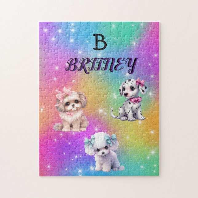 Rainbow puppies for girls with personalised name jigsaw puzzle (Vertical)