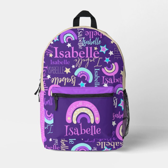 Rainbow purple pink yellow stars name Isabelle Printed Backpack (Front)