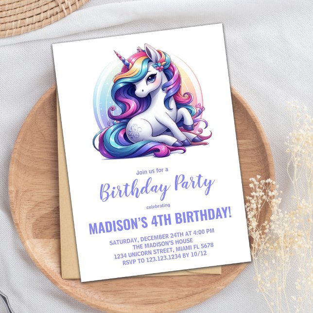 Rainbow Purple Unicorn Birthday Invitations (Rainbow Purple Unicorn Birthday Invitations)