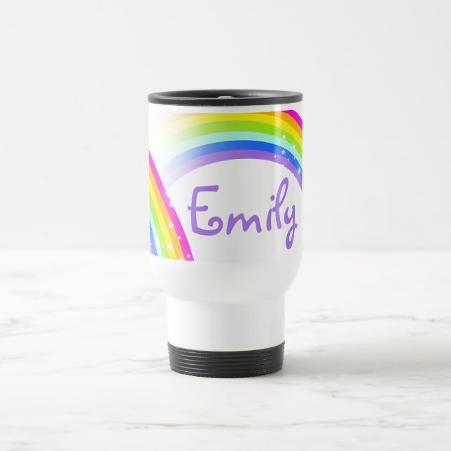 Rainbow purple violet stars and custom name travel mug (Center)