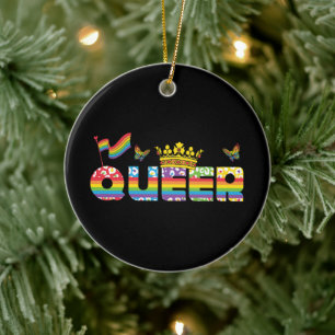 Rainbow Queer Crown with Flag and Butterflies Ceramic Tree Decoration