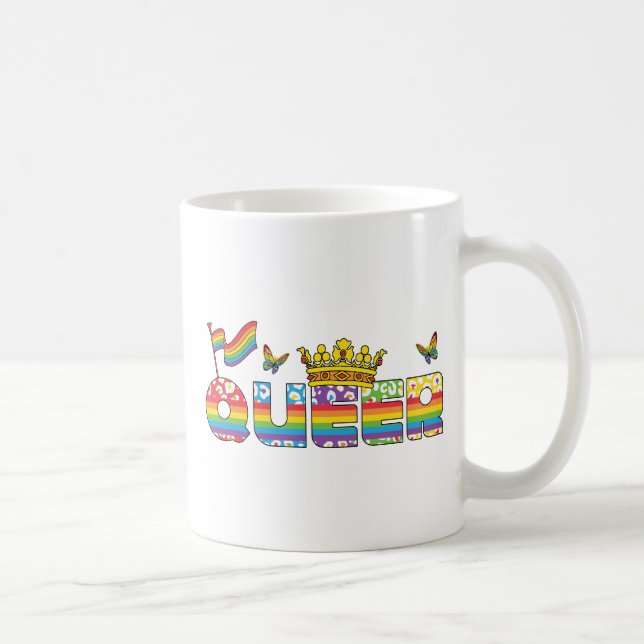 Rainbow Queer Crown with Flag and Butterflies Coffee Mug (Right)
