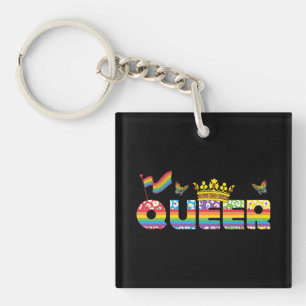 Rainbow Queer Crown with Flag and Butterflies Key Ring