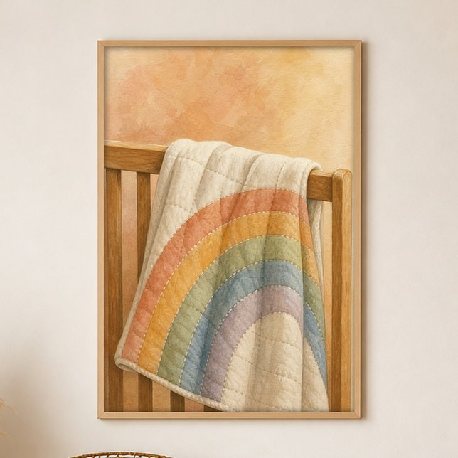 Rainbow Quilt Watercolour Whimsical Art Poster (Shown framed for scale. Poster ships unframed; frames are an optional add-on.)