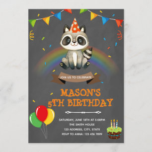 Rainbow racoon birthday theme invitation