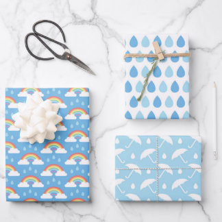 Rainbow Rain Clouds, Rain Drops, and Umbrellas Wrapping Paper Sheet