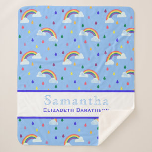 Rainbow Rain Drop Blue Sky Personalised Name Sherpa Blanket