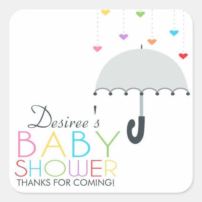 Rainbow Raindrops Grey Umbrella Baby Shower Square Sticker (Front)
