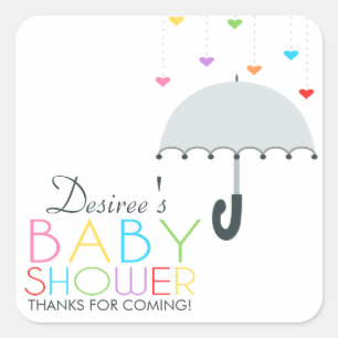 Rainbow Raindrops Grey Umbrella Baby Shower Square Sticker
