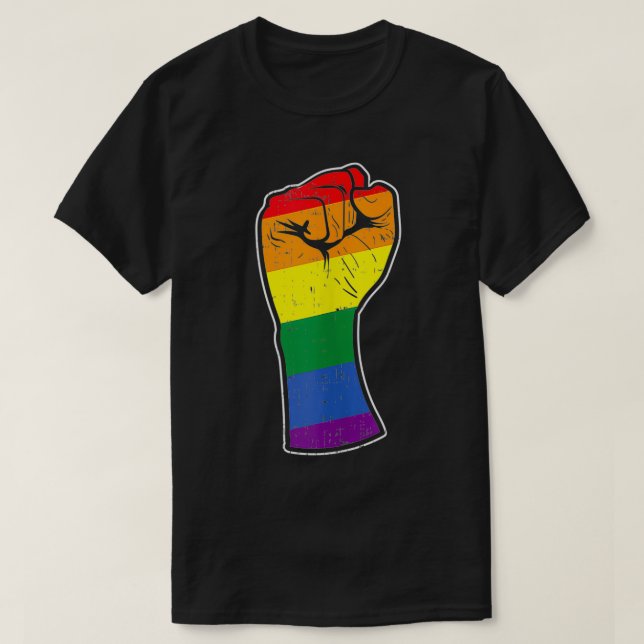 Rainbow Raised Fist Gay Pride Flag Support Resist  T-Shirt (Design Front)