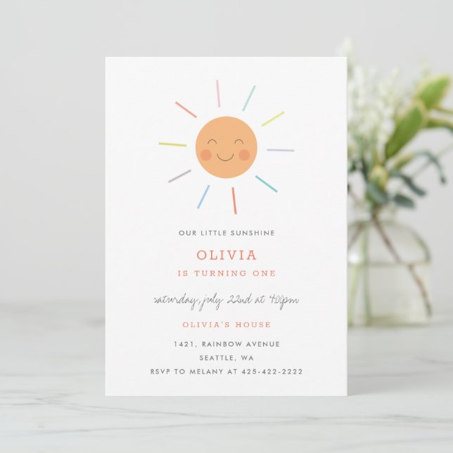 Rainbow Rays Kid's birthday party peach Invitation (Standing Front)