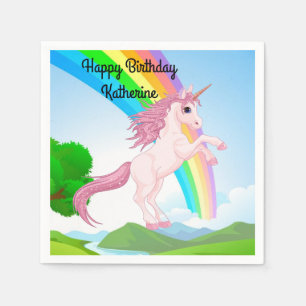 Rainbow & Rearing Unicorn Girl's Birthday Party Napkin