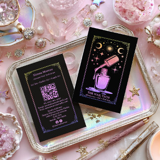 Rainbow Retro Celestial Tarot Nail artist QR Code Business Card