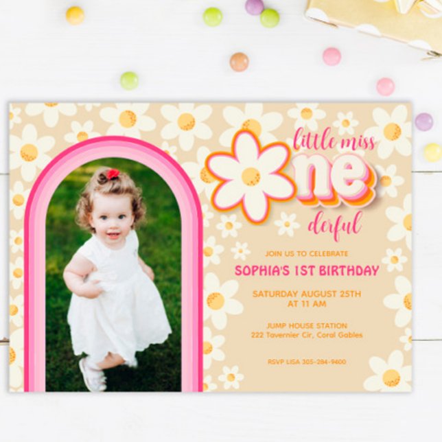Rainbow Retro Daisy 1st Birthday Photo Invitation  (Creator Uploaded)