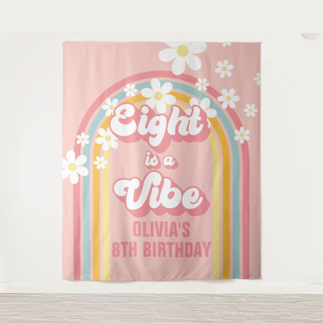 Rainbow Retro Eight is a Vibe Groovy 8th Birthday Tapestry (Front)