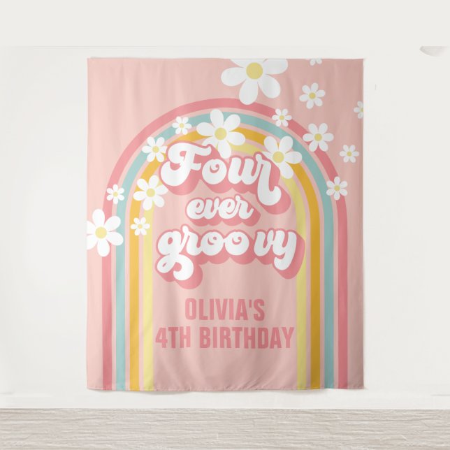 Rainbow Retro Four Ever Groovy 4TH Birthday Tapestry (Front)