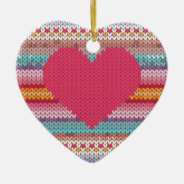 Rainbow retro hearts faux woollen knit valentine ceramic tree decoration (Front)
