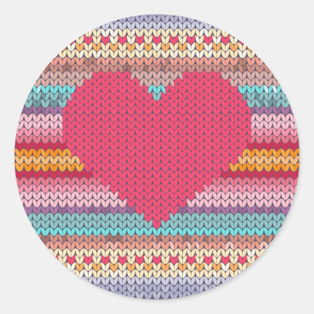 Rainbow retro hearts faux woollen knit valentine classic round sticker (Front)