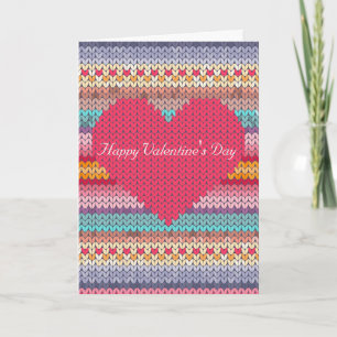 Rainbow retro hearts faux woollen knit valentine holiday card