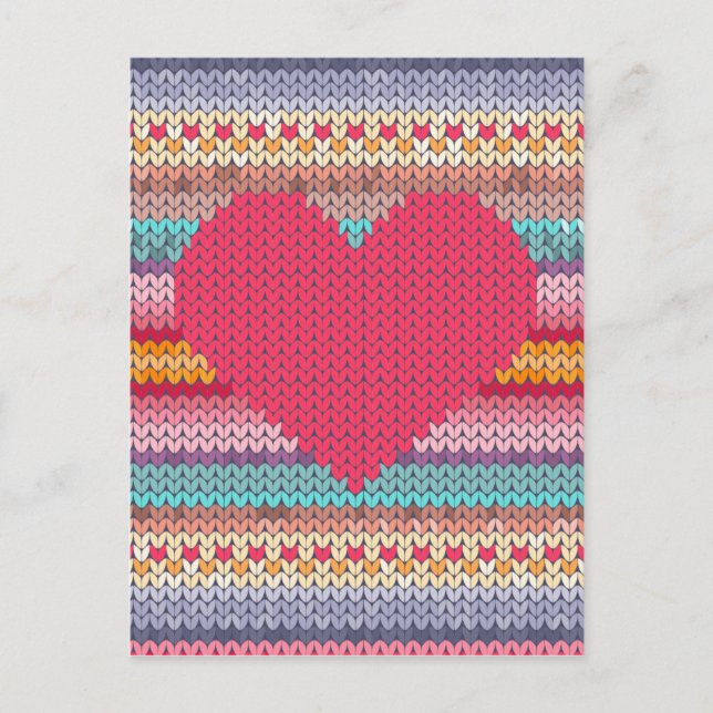 Rainbow retro hearts faux woollen knit valentine holiday postcard (Front)