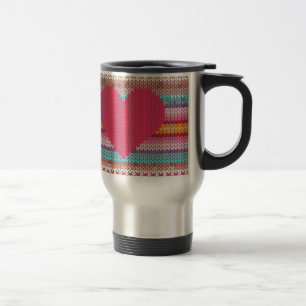 Rainbow retro hearts faux woollen knit valentine travel mug