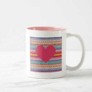 Rainbow retro hearts faux woollen knit valentine Two-Tone coffee mug